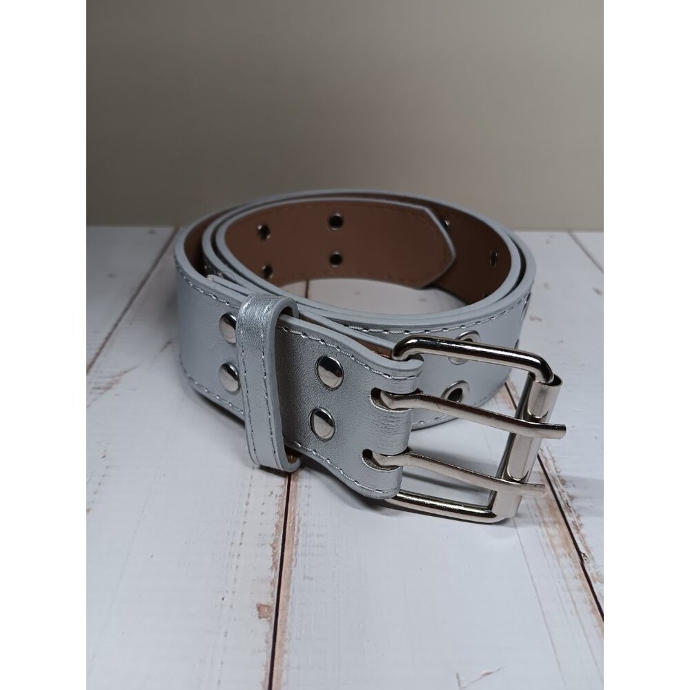 Silver Imitation Leather Double Grommet Belt Adjustable up to 32"